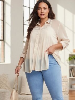 NWT Women's Plus Size Embroidered Button Down Blouse Top